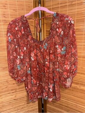 Mi Rust Paisley Floral Peasant Blouse with Teal Accents